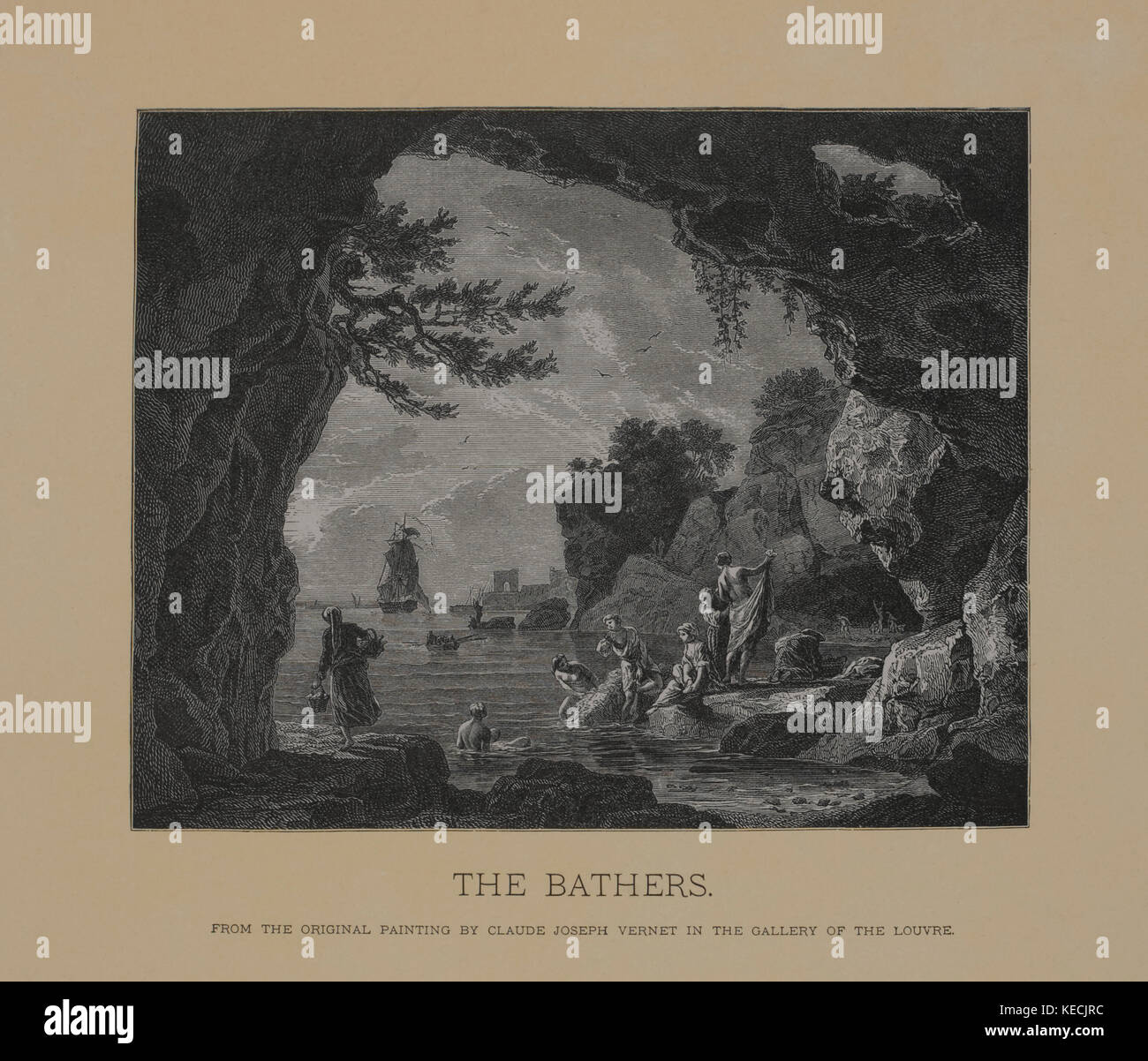 Die Badegäste, Holzschnitt Kupferstich aus der ursprünglichen Gemälde von Claude Joseph Vernet, die Meisterwerke der französischen Kunst von Louis Viardot, von Tiefdruck goupil et Cie, Paris, 1882, gebbie & Co., Philadelphia, 1883 veröffentlicht. Stockfoto