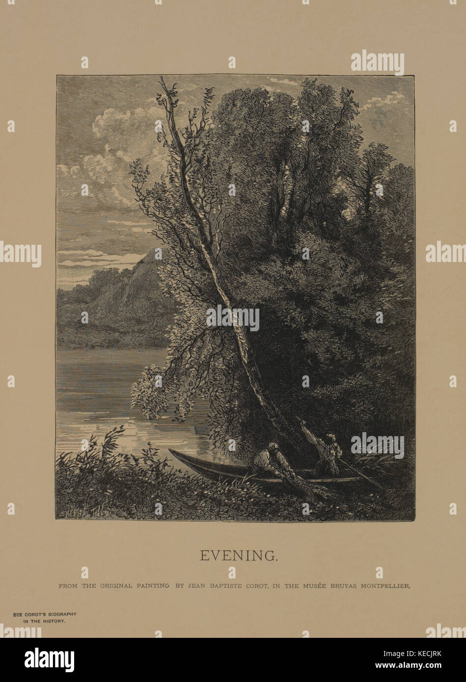 Abend, Holzschnitt Kupferstich aus der ursprünglichen Gemälde von Jean Baptiste Corot, die Meisterwerke der französischen Kunst von Louis Viardot, von Tiefdruck goupil et Cie, Paris, 1882, gebbie & Co., Philadelphia, 1883 veröffentlicht. Stockfoto