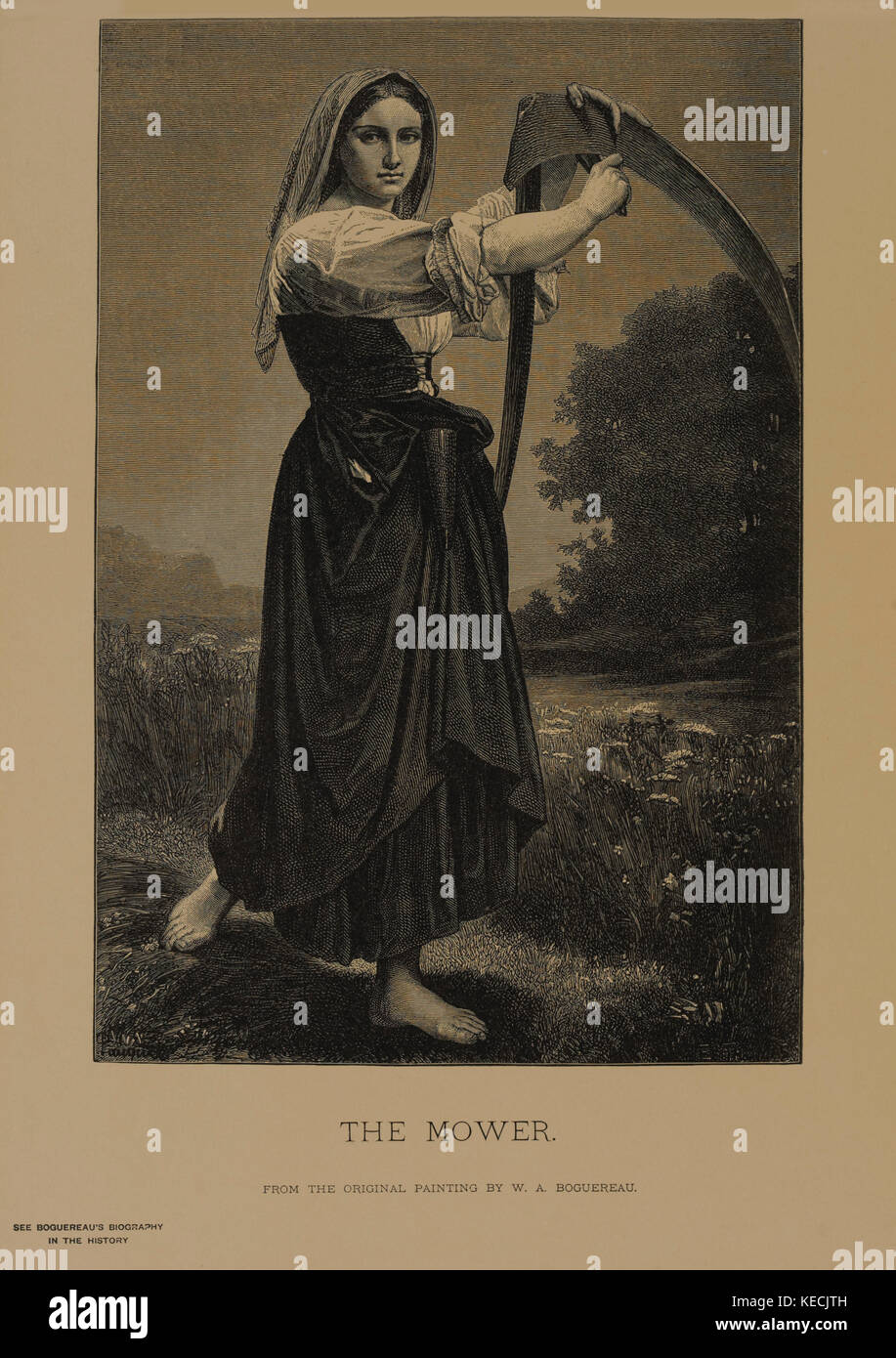 Der Rasenmäher, Holzschnitt Kupferstich aus der ursprünglichen Gemälde von w. a. Bouguereau, die Meisterwerke der französischen Kunst von Louis Viardot, von Tiefdruck goupil et Cie, Paris, 1882, gebbie & Co., Philadelphia, 1883 veröffentlicht. Stockfoto
