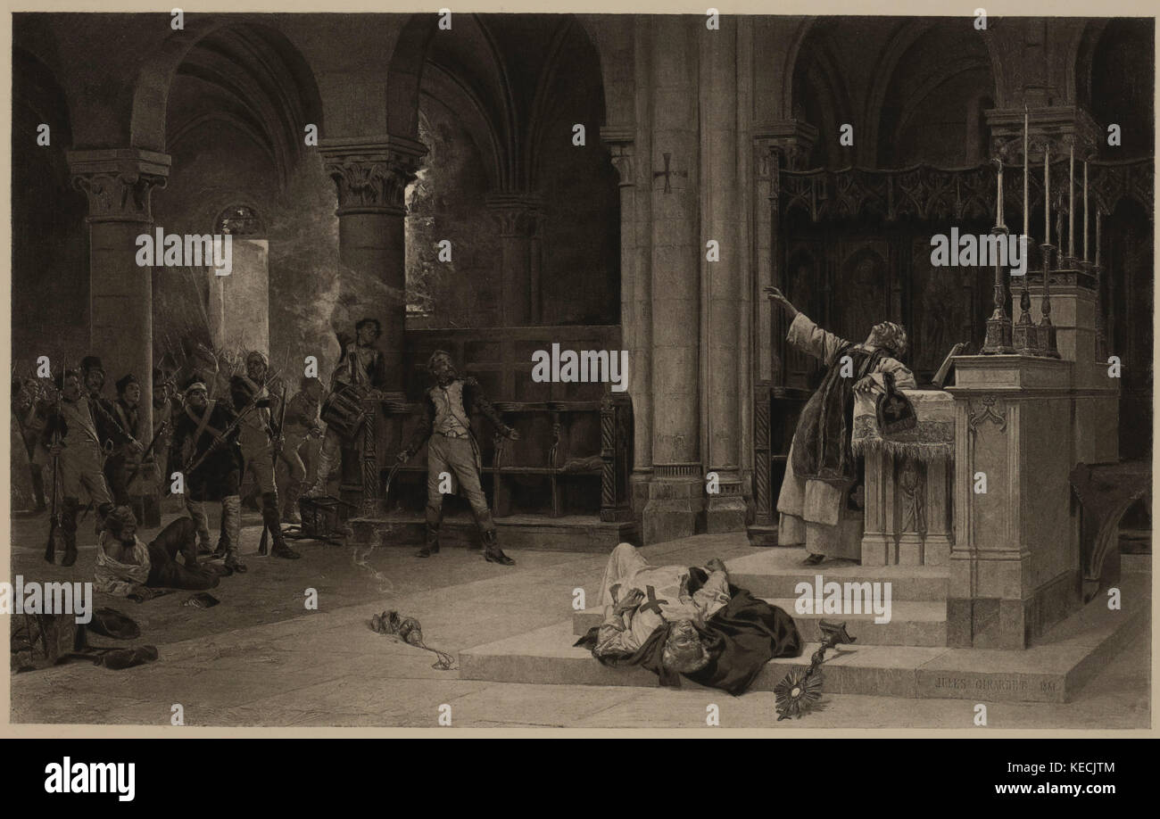 Episode in der Belagerung von Saragossa, peninsular war, 1808-09, französische Soldaten geben Sie Kirche 1809, photogravüre Drucken aus dem Original 1881 von Jules Girardet, die Meisterwerke der französischen Kunst von Louis Viardot, von Tiefdruck goupil et Cie, Paris, 1882, gebbie & Co., Philadelphia, 1883 veröffentlicht. Stockfoto