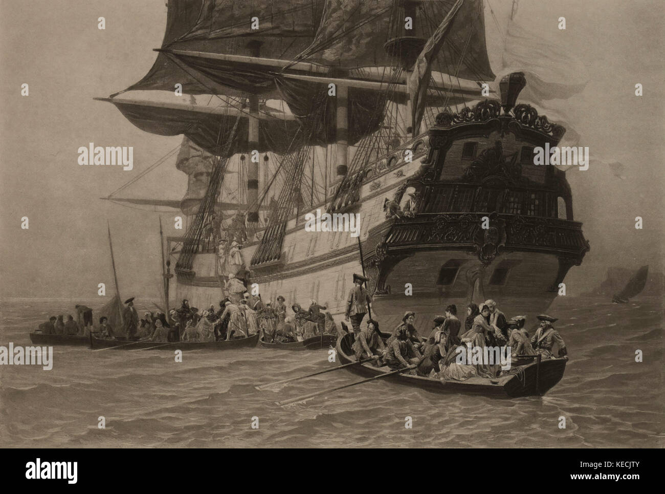 Die EMBARKMENT von Manon Lescaut, photogravüre Drucken aus dem Original 1875 von Charles Edouard delort, die Meisterwerke der französischen Kunst von Louis Viardot, von Tiefdruck goupil et Cie, Paris, 1882, gebbie & Co., Philadelphia, 1883 veröffentlicht. Stockfoto