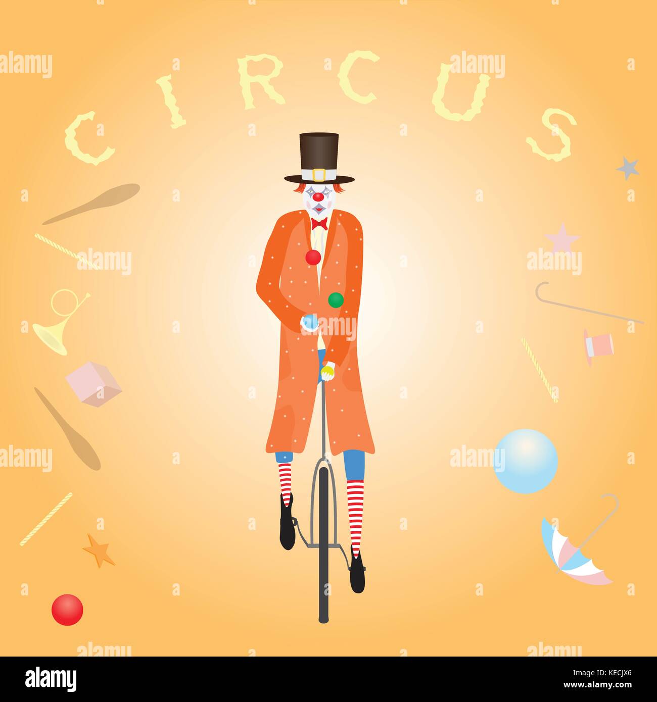 Clown mit bunten Bällen im Circus Bike auf dem Zirkus Hintergrund Stock ...