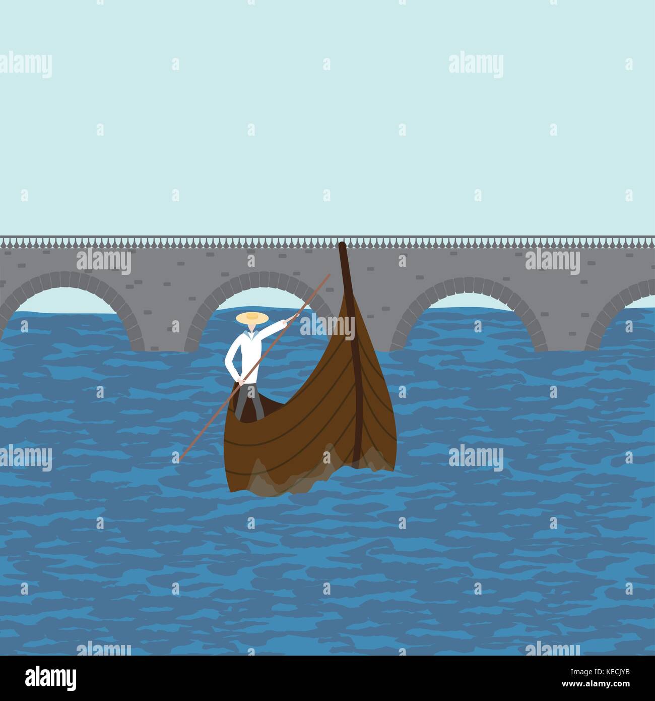 Boatman schwimmt auf dem Wasser Venedig Italien alte Brücke auf dem Hintergrund Stock Vektor