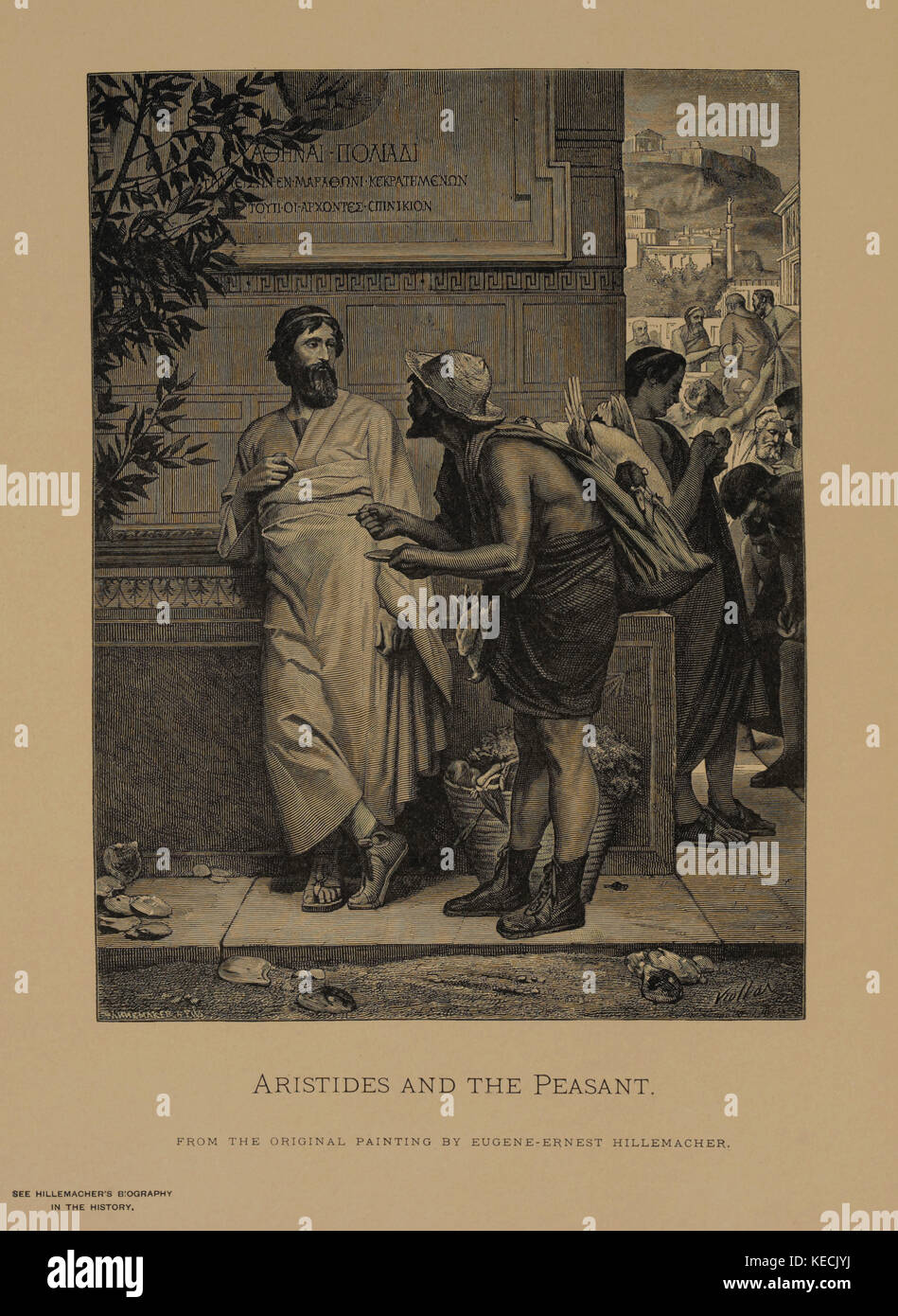 Aristides und der Bauer, Holzschnitt Gravur aus dem Originalgemälde von Eugène Ernest Hillemacher, die Meisterwerke der französischen Kunst von Louis Viardot, Herausgegeben von Gravure Goupil et Cie, Paris, 1882, Gebbie & Co., Philadelphia, 1883 Stockfoto