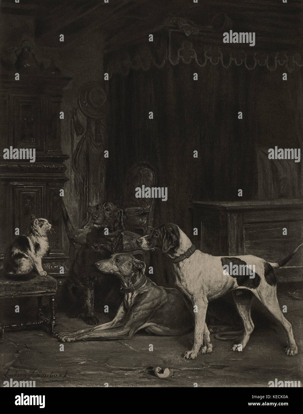 Jack, Sam, Shot and Puss, Tiefdruck aus dem Original 1875 Gemälde von Louis-Eugène Lambert, die Meisterwerke der französischen Kunst von Louis Viardot, Herausgegeben von Gravure Goupil et Cie, Paris, 1882, Gebbie & Co., Philadelphia, 1883 Stockfoto