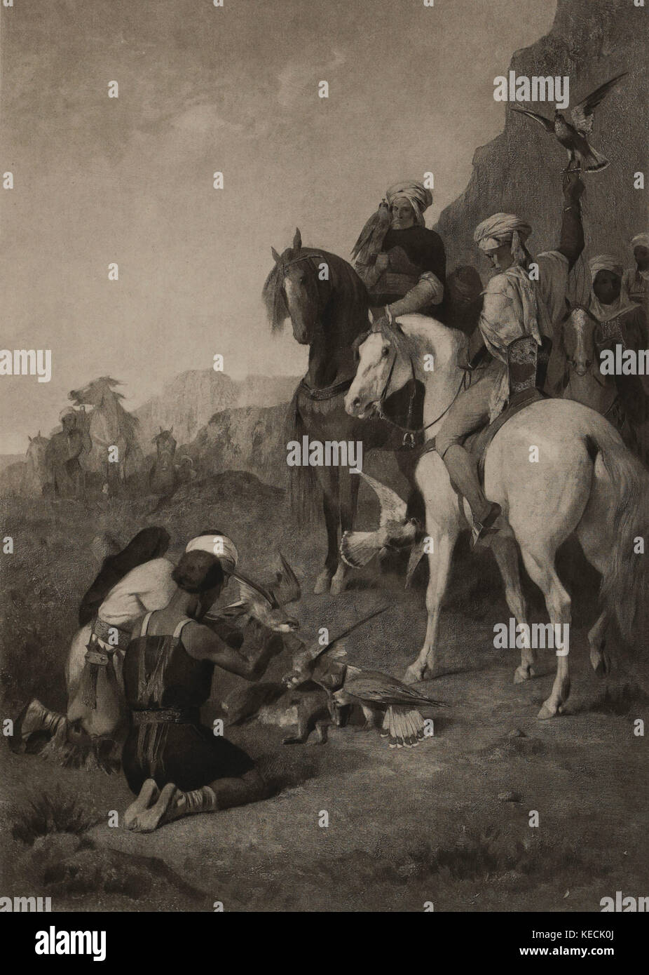 Falcon Chase in Algier, Tiefdruck aus dem Original 1862 Gemälde von Eugène Fromentin, die Meisterwerke der französischen Kunst von Louis Viardot, Herausgegeben von Gravure Goupil et Cie, Paris, 1882, Gebbie & Co., Philadelphia, 1883 Stockfoto