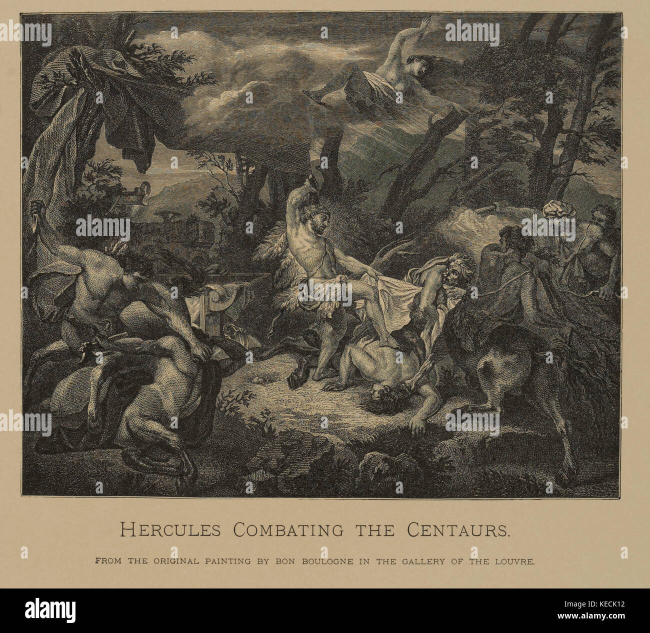 Herkules den Kampf gegen die Kentauren, Holzschnitt Kupferstich aus der ursprünglichen Gemälde von Bon Boullogne, die Meisterwerke der französischen Kunst von Louis Viardot, von Tiefdruck goupil et Cie, Paris, 1882, gebbie & Co., Philadelphia, 1883 veröffentlicht. Stockfoto