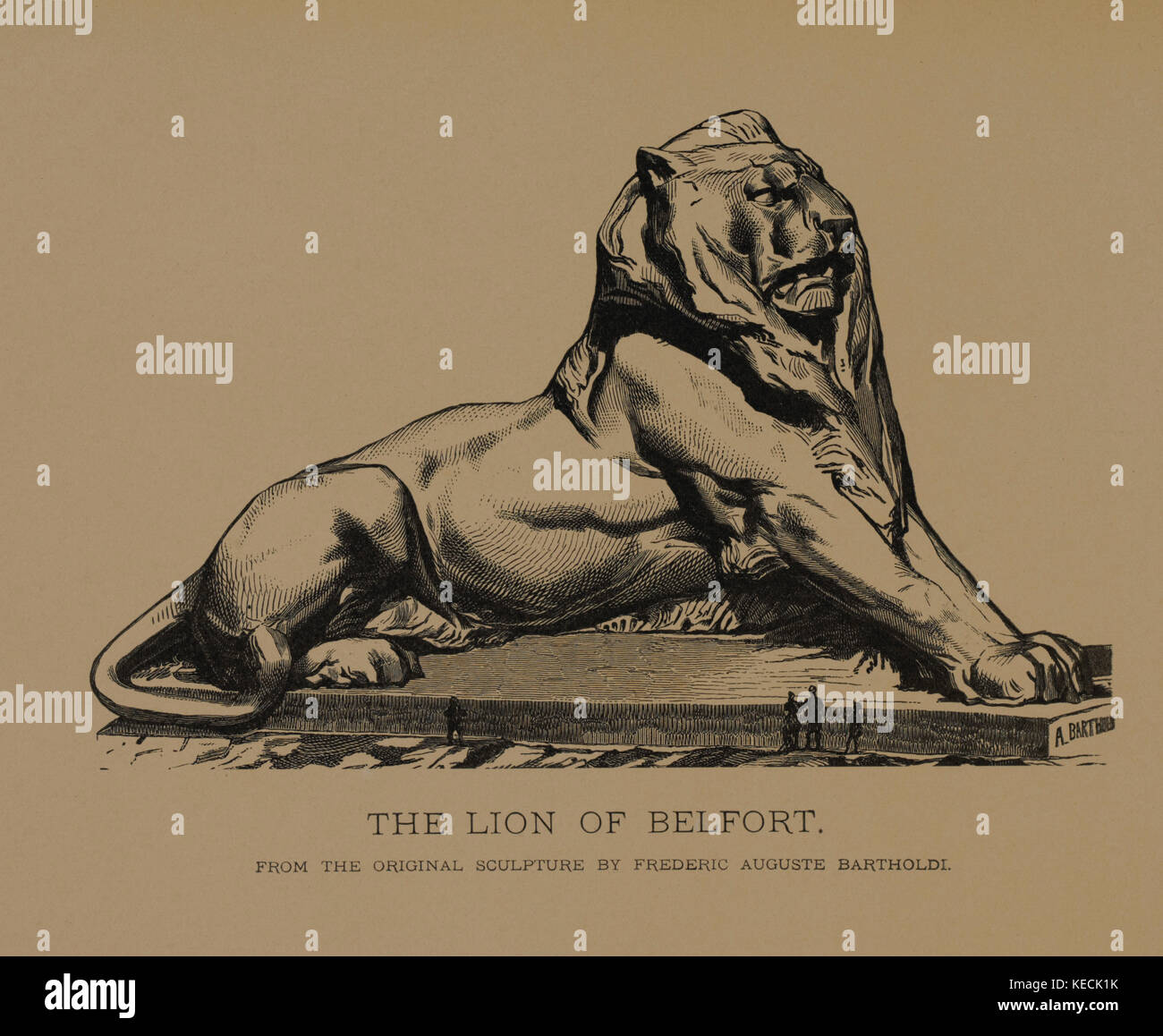 Der Löwe von Belfort, Holzschnitt Gravur aus dem Original 1880 Skulptur von Frédéric Auguste Bartholdi, die Meisterwerke der französischen Kunst von Louis Viardot, Herausgegeben von Gravure Goupil et Cie, Paris, 1882, Gebbie & Co., Philadelphia, 1883 Stockfoto