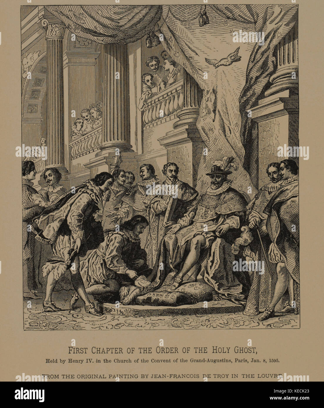 Erste Kapitel des Ordens des Heiligen Geistes, Holzschnitt Kupferstich aus der ursprünglichen Gemälde von Jean-Francois de troy, die Meisterwerke der französischen Kunst von Louis Viardot, von Tiefdruck goupil et Cie, Paris, 1882, gebbie & Co., Philadelphia, 1883 veröffentlicht. Stockfoto