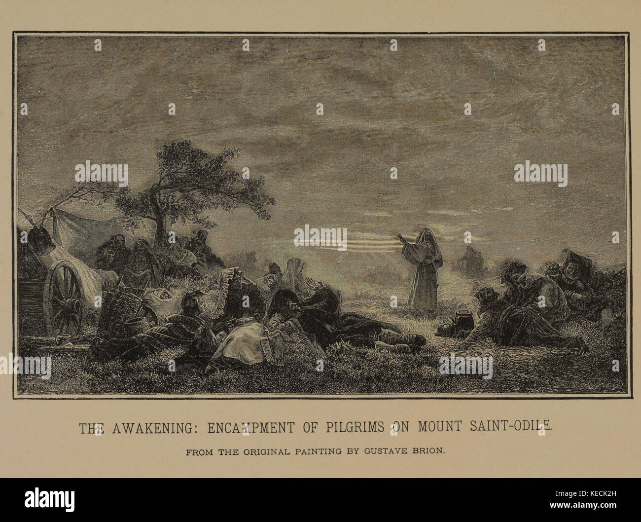 Das Erwachen: Lager der Pilger zum heiligen Berg - odile, Holzschnitt Kupferstich aus der ursprünglichen Gemälde von Gustave Brion, die Meisterwerke der französischen Kunst von Louis Viardot, von Tiefdruck goupil et Cie, Paris, 1882, gebbie & Co., Philadelphia, 1883 veröffentlicht. Stockfoto