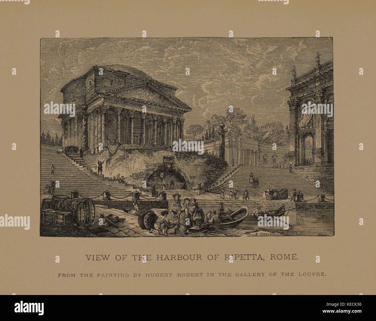Blick auf den Hafen von ripetta, Rom, Holzschnitt Stich des ursprünglichen 1766 Gemälde von Hubert Robert, die Meisterwerke der französischen Kunst von Louis Viardot, von Tiefdruck goupil et Cie, Paris, 1882, gebbie & Co., Philadelphia, 1883 veröffentlicht. Stockfoto