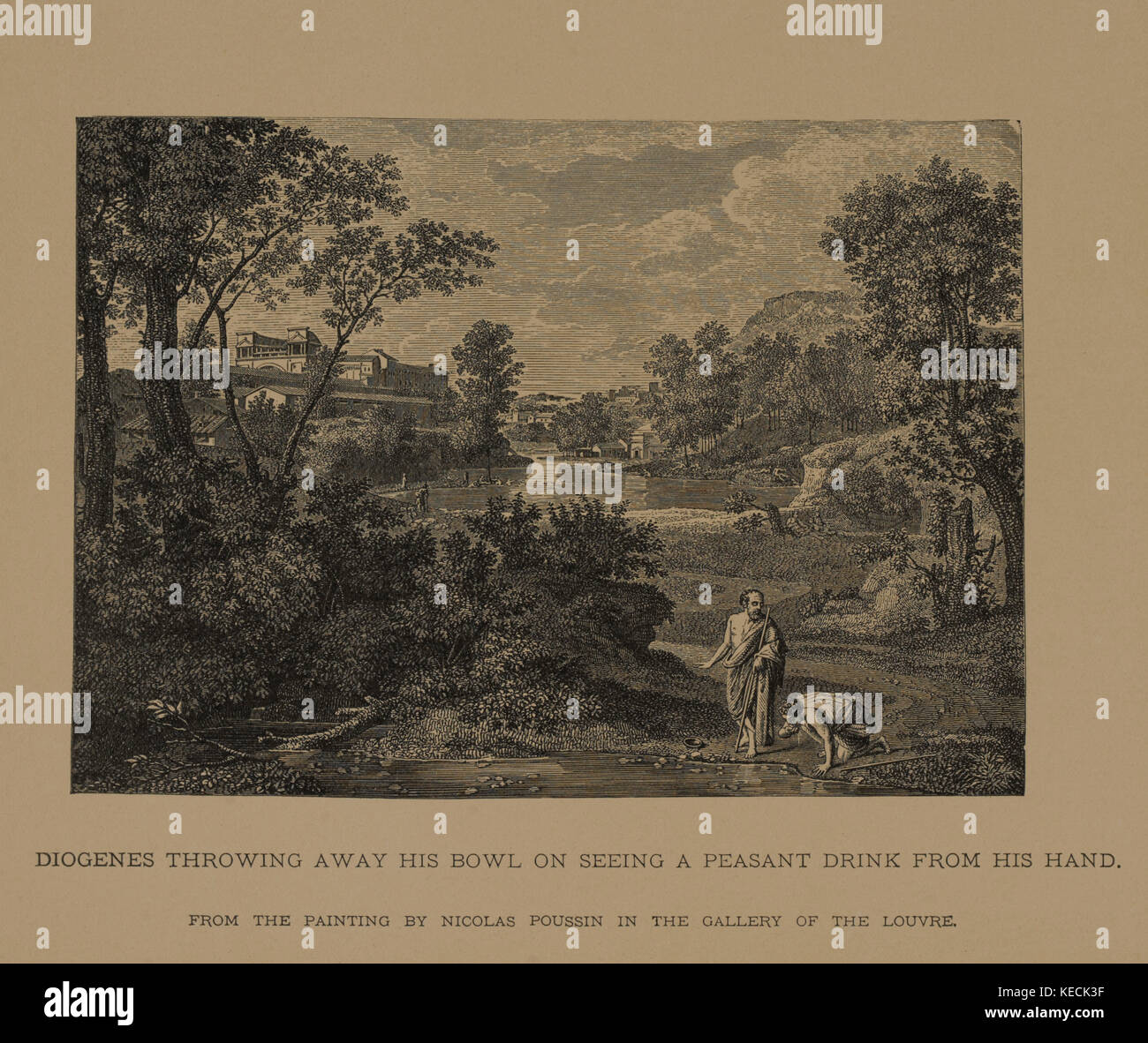 Diogenes wegwerfen seine Schüssel auf dem Sehen ein Bauer Drink aus seiner Hand, Holzschnitt Kupferstich aus der ursprünglichen Gemälde von Nicolas Poussin, die Meisterwerke der französischen Kunst von Louis Viardot, von Tiefdruck goupil et Cie, Paris, 1882, gebbie & Co., Philadelphia, 1883 veröffentlicht. Stockfoto