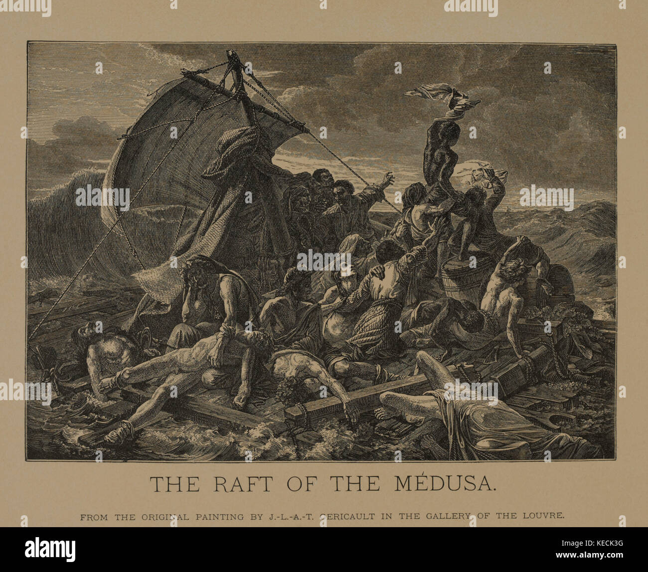 Das Floß der Medusa, Holzschnitt Gravur aus dem Original 1819 Gemälde von Jean-Louis André Théodore Géricault, die Meisterwerke der französischen Kunst von Louis Viardot, Herausgegeben von Gravure Goupil et Cie, Paris, 1882, Gebbie & Co., Philadelphia, 1883 Stockfoto