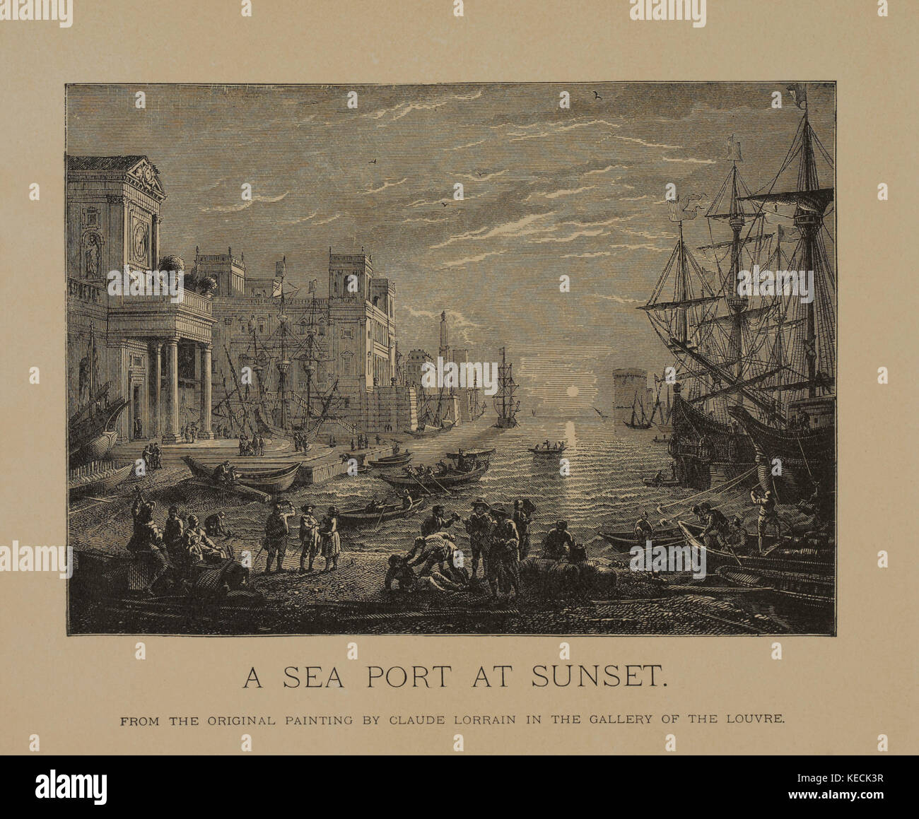 Ein Meer Hafen bei Sonnenuntergang, Holzschnitt Kupferstich aus der ursprünglichen 1639 Gemälde von Claude Lorrain, die Meisterwerke der französischen Kunst von Louis Viardot, von Tiefdruck goupil et Cie, Paris, 1882, gebbie & Co., Philadelphia, 1883 veröffentlicht. Stockfoto