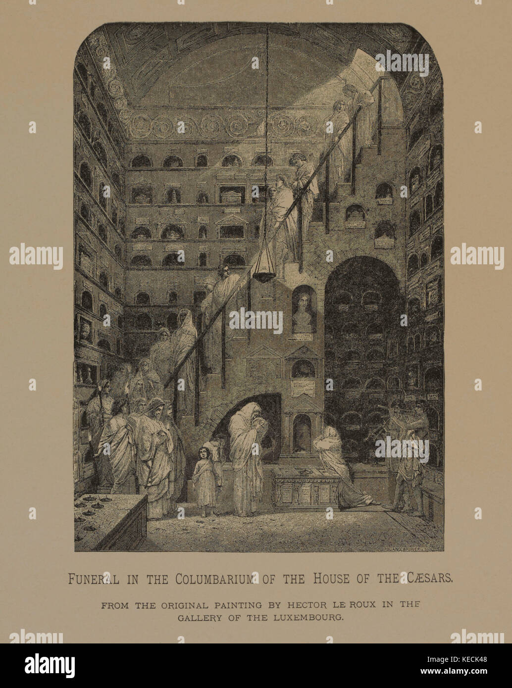 Beerdigung im Columbarium des Hauses der Caesars, Holzschnitt Gravur von Roland Brunier aus dem Original 1864 Gemälde von Hector Le Roux, die Meisterwerke der französischen Kunst von Louis Viardot, Herausgegeben von Gravure Goupil et Cie, Paris, 1882, Gebbie & Co., Philadelphia, 1883 Stockfoto