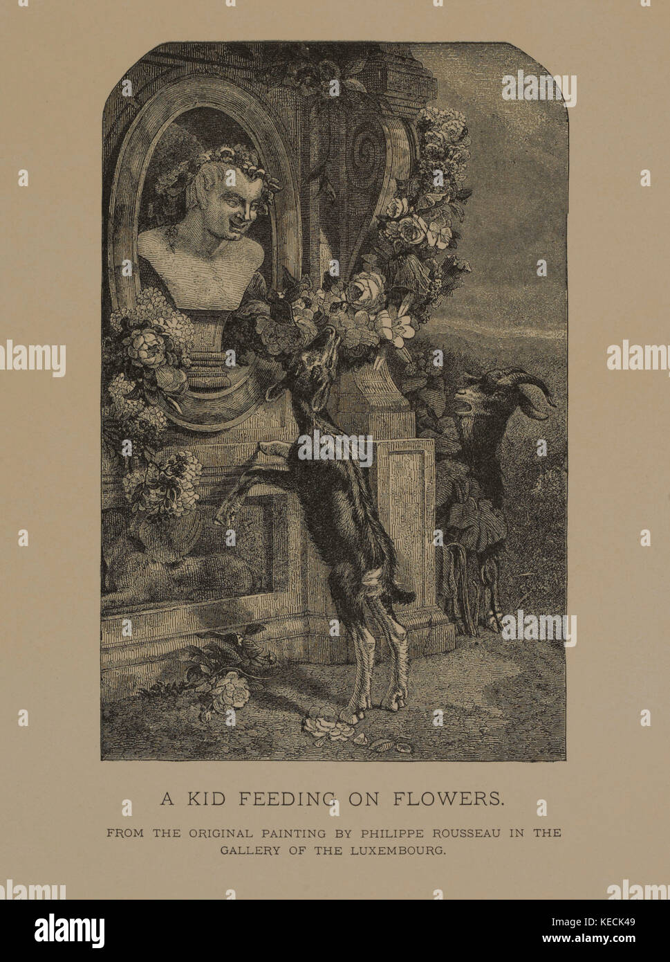 Ein Kind füttern auf Blumen, Holzschnitt Kupferstich aus der ursprünglichen 1855 Gemälde von Philippe Rousseau, die Meisterwerke der französischen Kunst von Louis Viardot, von Tiefdruck goupil et Cie, Paris, 1882, gebbie & Co., Philadelphia, 1883 veröffentlicht. Stockfoto