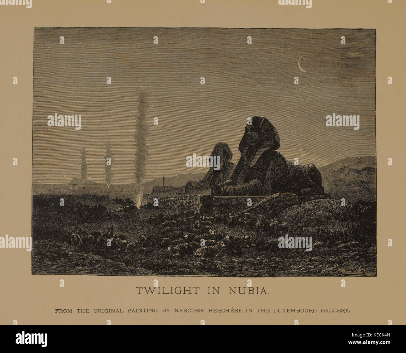Dämmerung in Nubia, Holzschnitt Gravur aus dem Original 1864 Gemälde von Narcisse Berchère, die Meisterwerke der französischen Kunst von Louis Viardot, Published by Gravure Goupil et Cie, Paris, 1882, Gebbie & Co., Philadelphia, 1883 Stockfoto