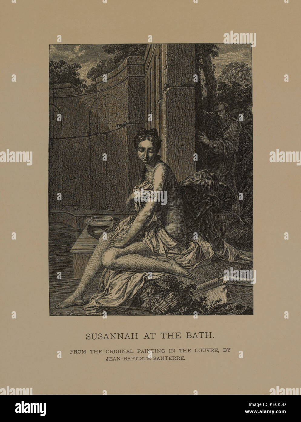 Susannah an der Badewanne, Holzschnitt Kupferstich aus der ursprünglichen Gemälde von Jean-baptiste Santerre, die Meisterwerke der französischen Kunst von Louis Viardot, von Tiefdruck goupil et Cie, Paris, 1882, gebbie & Co., Philadelphia, 1883 veröffentlicht. Stockfoto