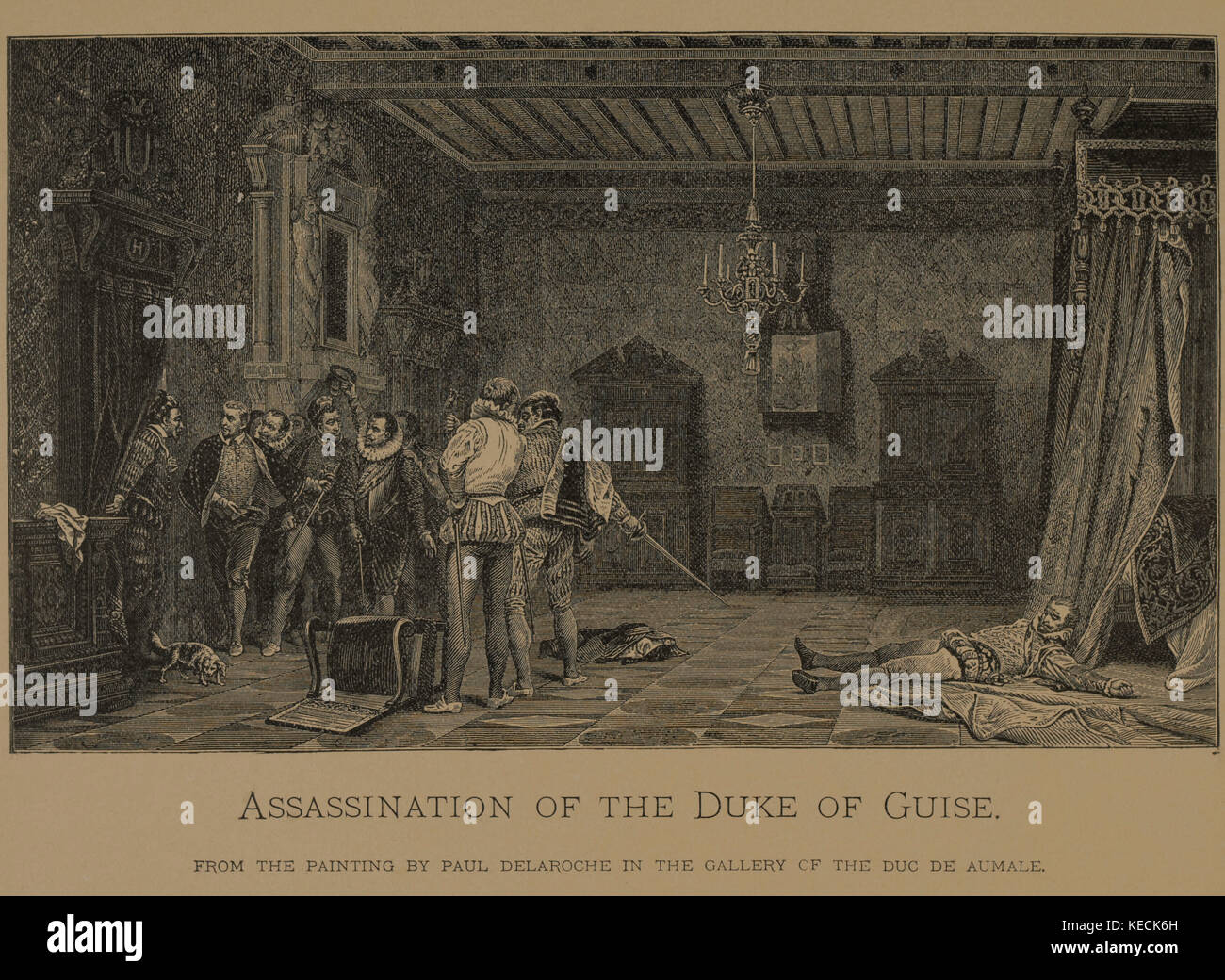 Die Ermordung des Herzogs von Guise, Holzschnitt Kupferstich aus der ursprünglichen 1834 Gemälde von Paul Delaroche, die Meisterwerke der französischen Kunst von Louis Viardot, von Tiefdruck goupil et Cie, Paris, 1882, gebbie & Co., Philadelphia, 1883 veröffentlicht. Stockfoto
