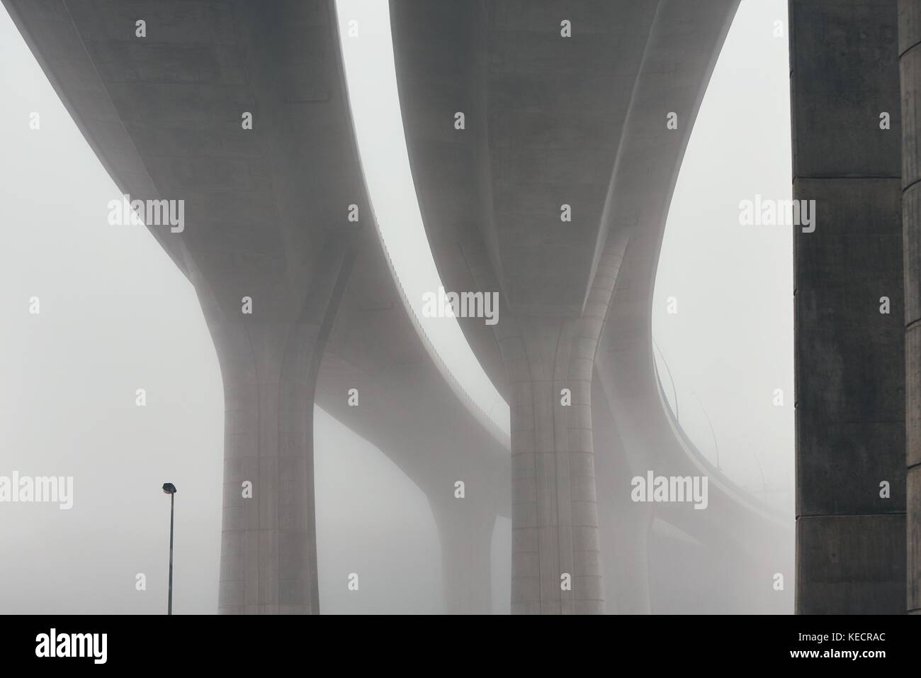 Säulen der Autobahnbrücke in den geheimnisvollen Morgennebel. Prag, Tschechische Republik Stockfoto