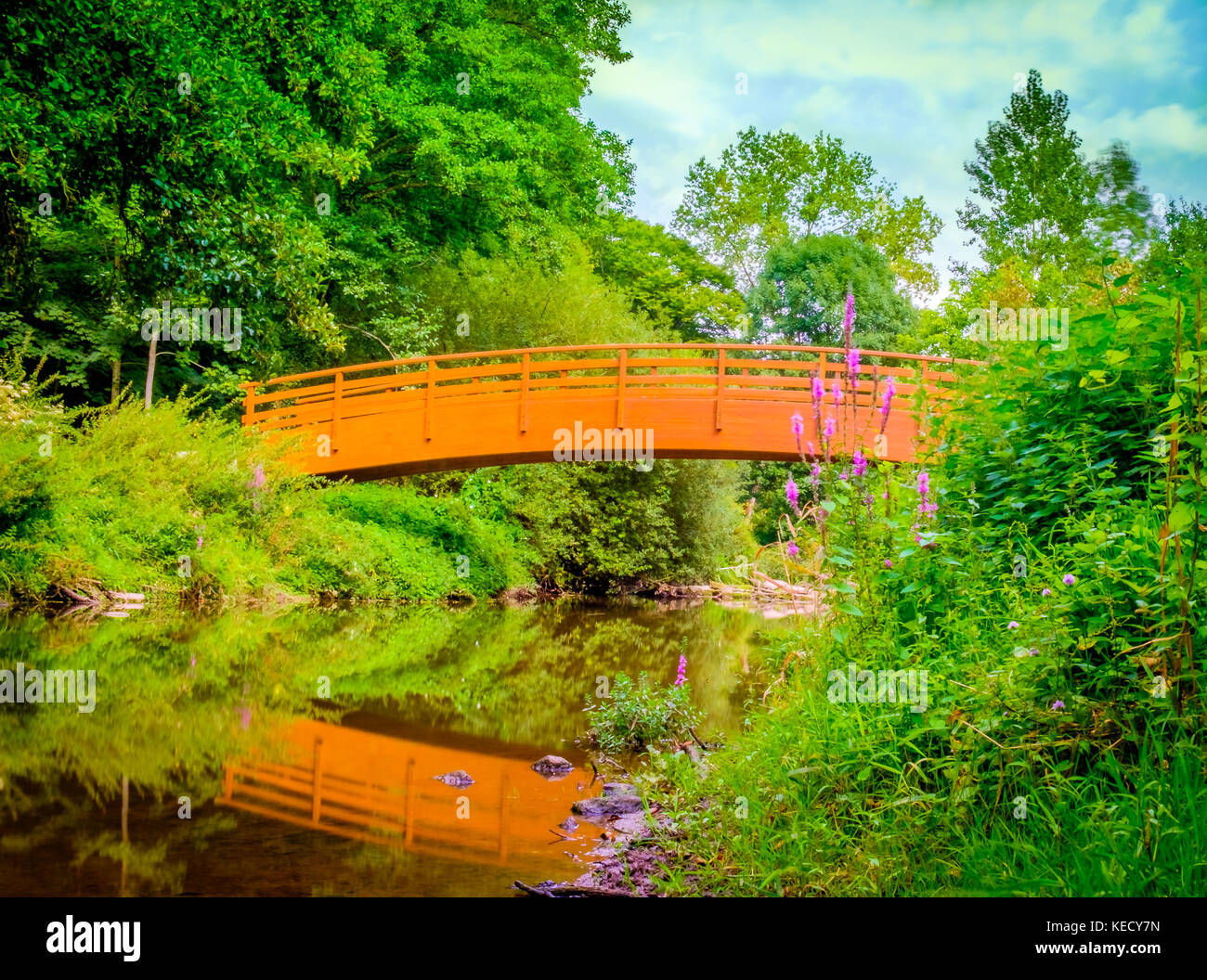 Hölzerne Brücke überspannt den Fluss Colmont in der Mayenne im Sommer, Frankreich Stockfoto