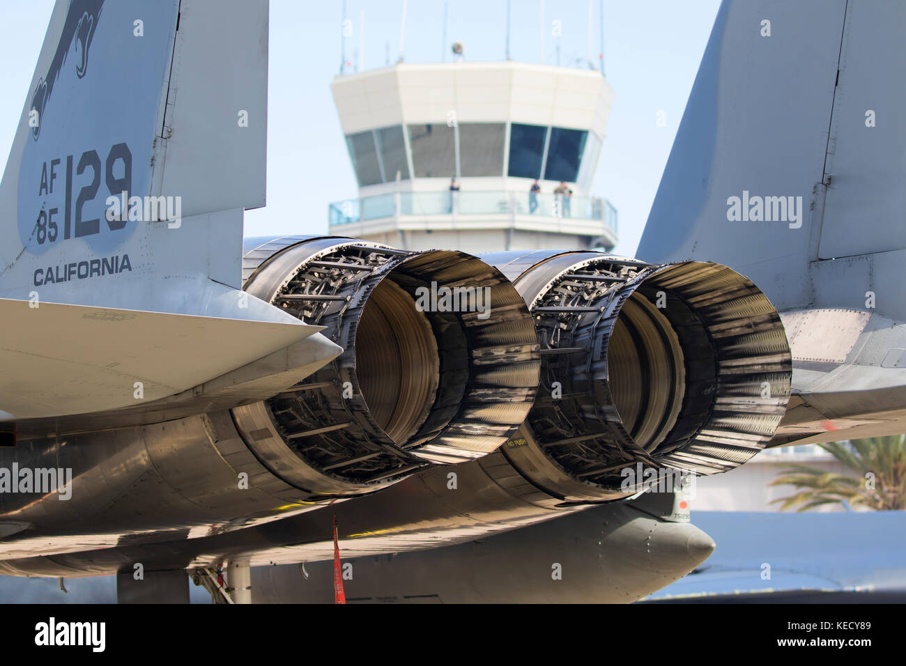 Triebwerke der f-15 Eagle Flugzeuge im Miramar Airshow Stockfoto