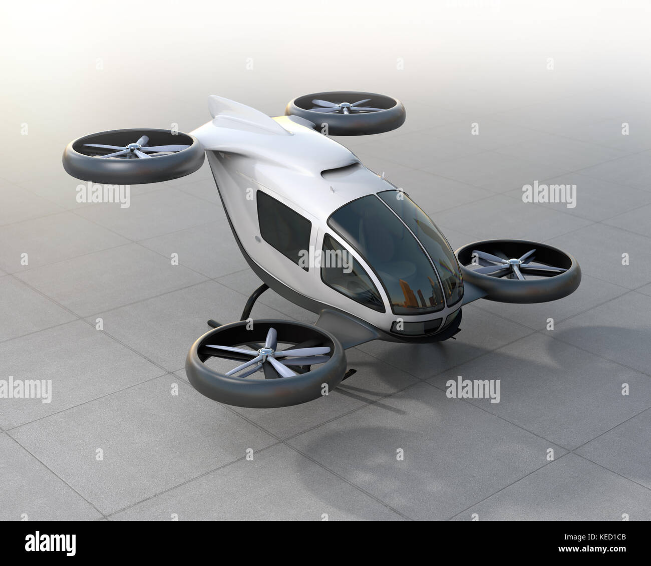 Weiß Selbstfahrer Pkw drone die Landung auf dem Boden. 3D-Bild. Stockfoto
