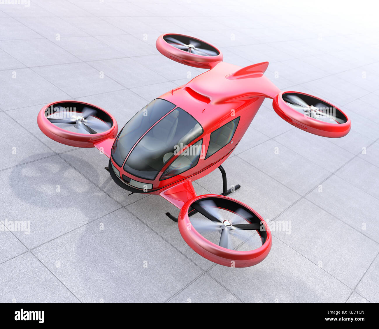 Red Selbstfahrer Pkw drone die Landung auf dem Boden. 3D-Bild. Stockfoto