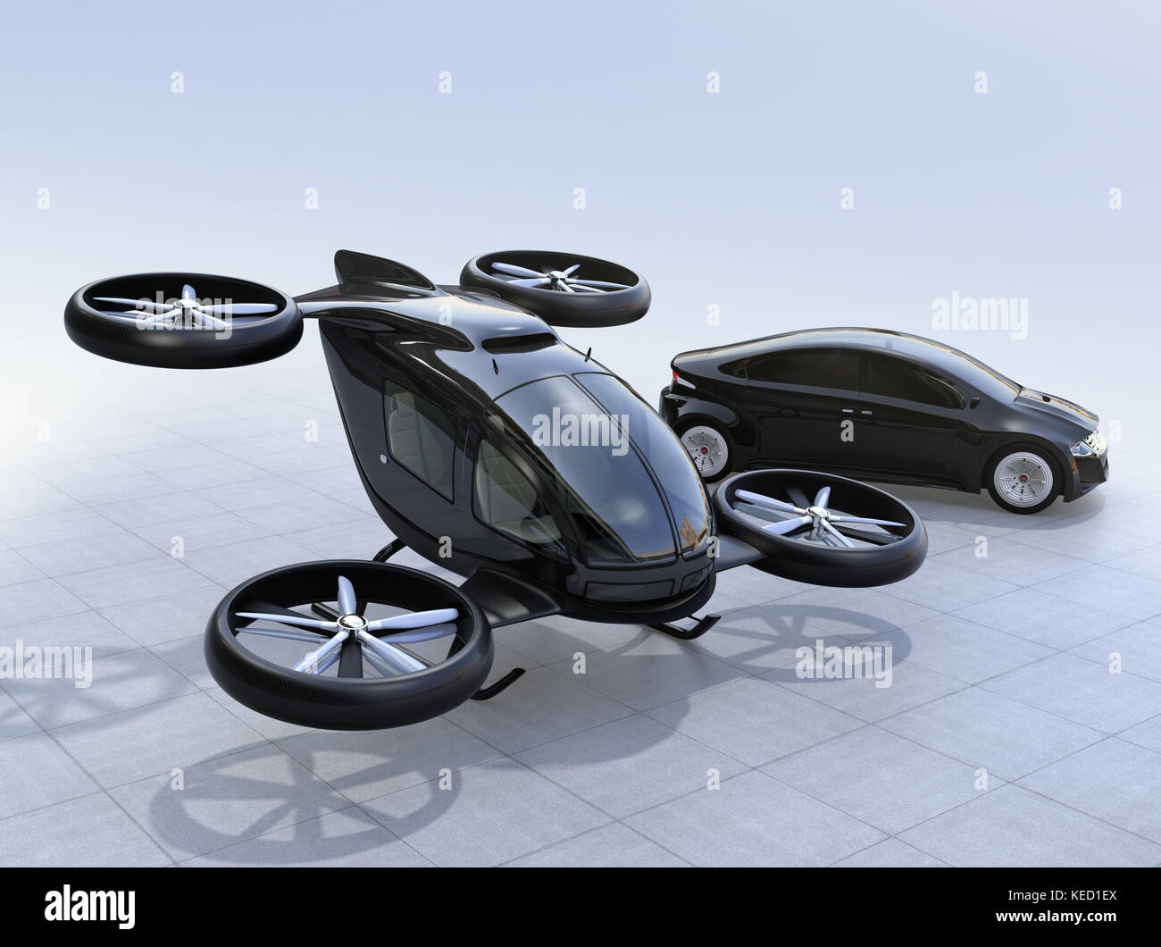 Selbstfahrer Auto und Pkw drone Parken auf dem Boden. 3D-Bild Stockfoto