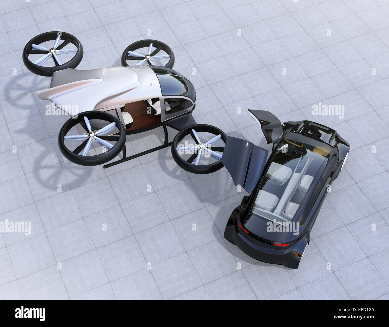 Selbstfahrer Auto und Pkw drone Parken auf dem Boden. 3D-Bild Stockfoto