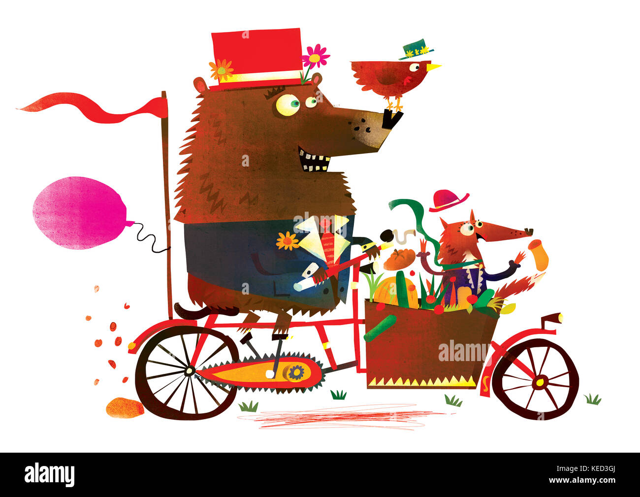 Bär und Fuchs reiten cargo Fahrrad Stockfoto