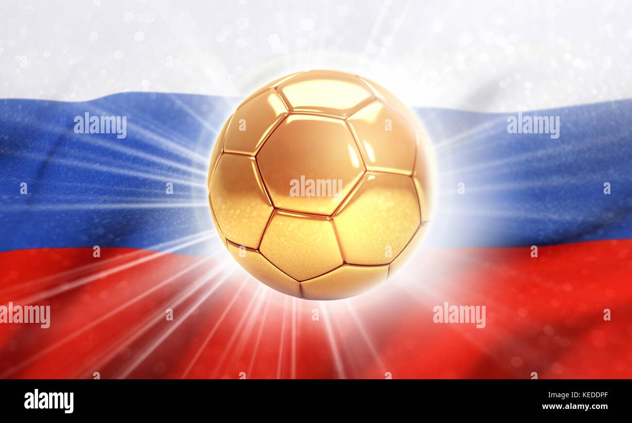 Goldener Fußball auf der Flagge Russlands. 2018 internationale Fußballveranstaltung. 3D-Abbildung Stockfoto
