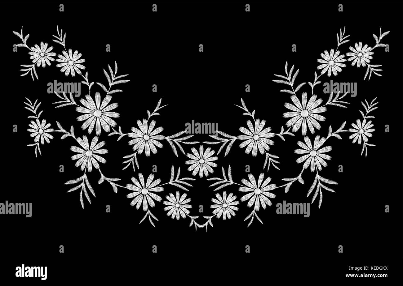 Daisy Stickerei drucken Textur Blumenarrangement verlässt. Mode Schmuck Dekoration Reflexion Halskette symmetrische vintage Floral schwarzer Hintergrund Vector Illustration Stock Vektor