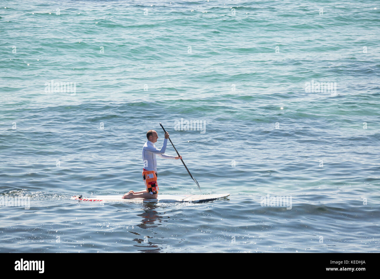 Stand Up Paddle boarder kniend Paddel Stockfoto