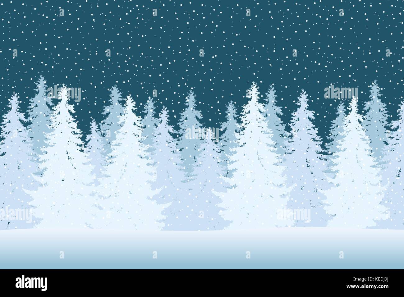 Vector Illustration eines verschneiten Winterwald mit Nadelbäumen und Schneeflocken an einem Wintertag unter blauem Himmel Stock Vektor
