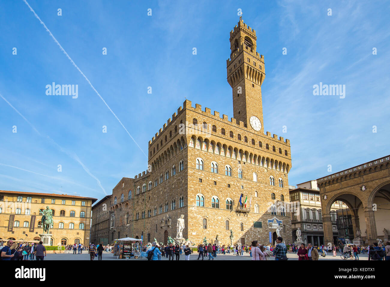Florenz, Italien - 10 April, 2015: Piazza della Signoria vor dem Palazzo Vecchio in Florenz, Italien. Stockfoto