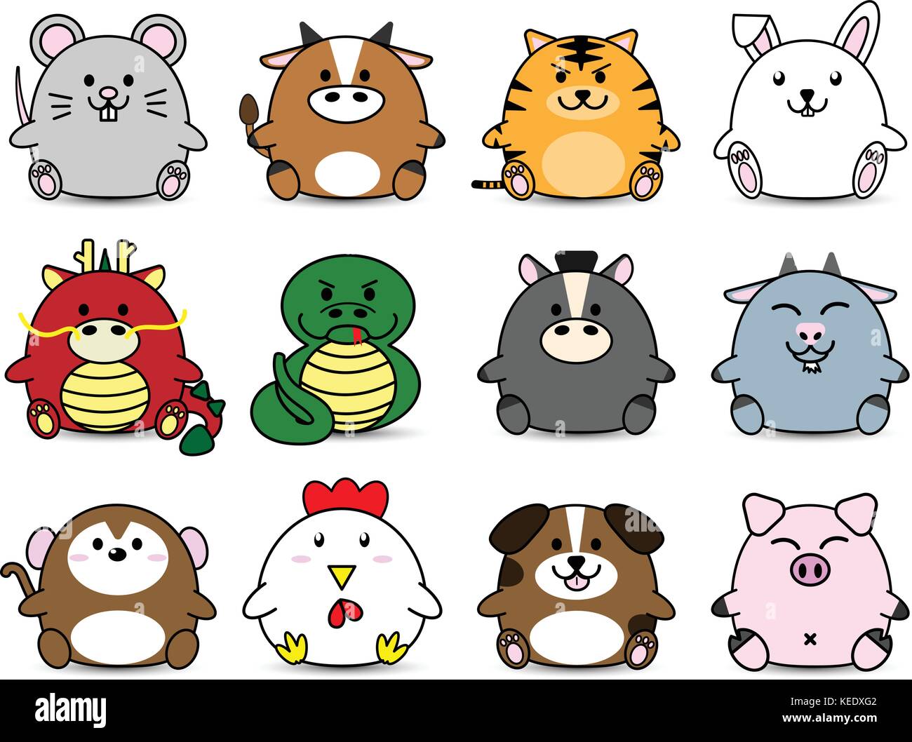 Cute Fettsäuren Cartoon von Chinesisches Tierzeichen Horoskop Tier Zeichen gesetzt Stock Vektor