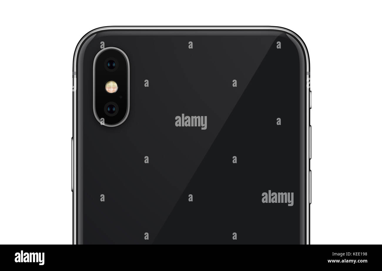 Close-up schwarz Smartphone ähnliche X, iPhone Seite mit Kameramodul auf weißem Hintergrund. Stockfoto