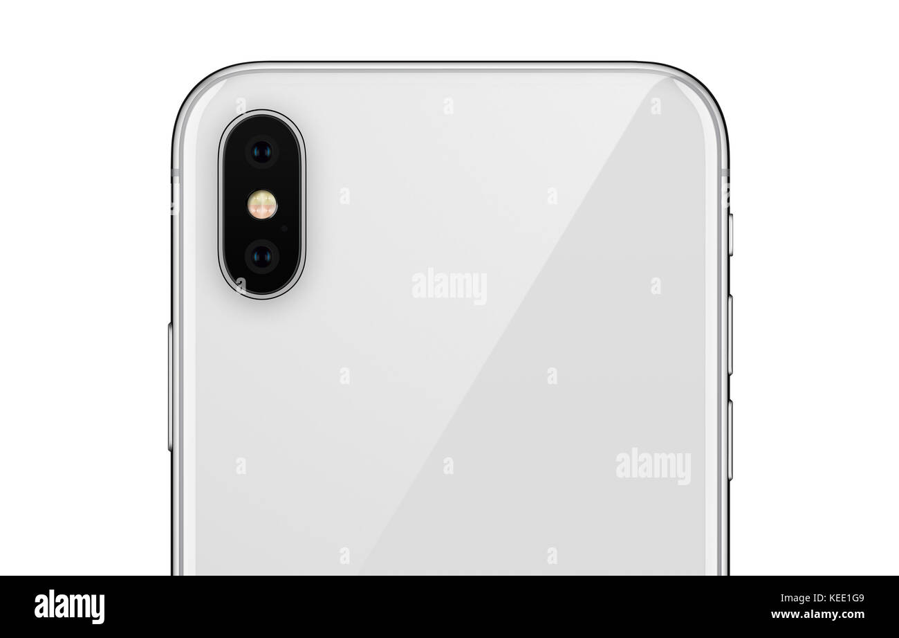 Close-up white Smartphone ähnliche X, iPhone Seite mit Kameramodul auf weißem Hintergrund. Stockfoto