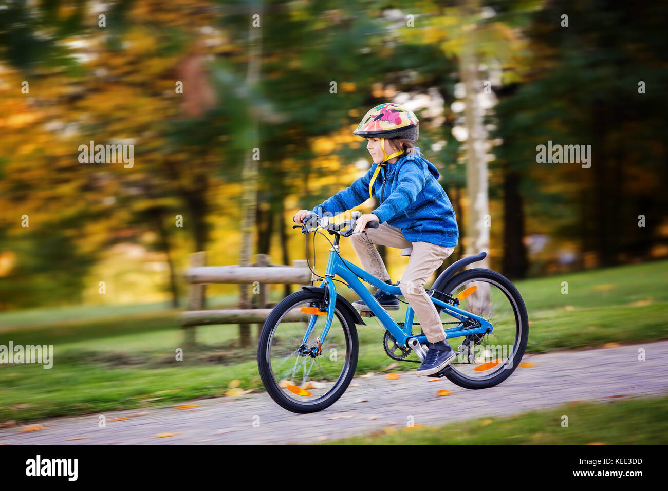 Süßes Kind, Junge Reiten Fahrrad im Herbst Park, nachmittags weichen Sonnenlicht Stockfoto
