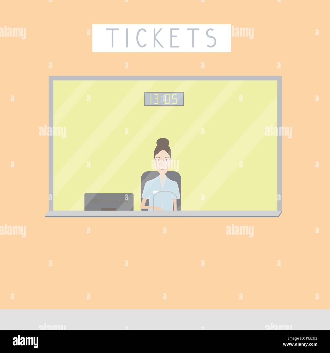 Mädchen Verkauf von Tickets an der Abendkasse auf einem hellen Hintergrund Stock Vektor