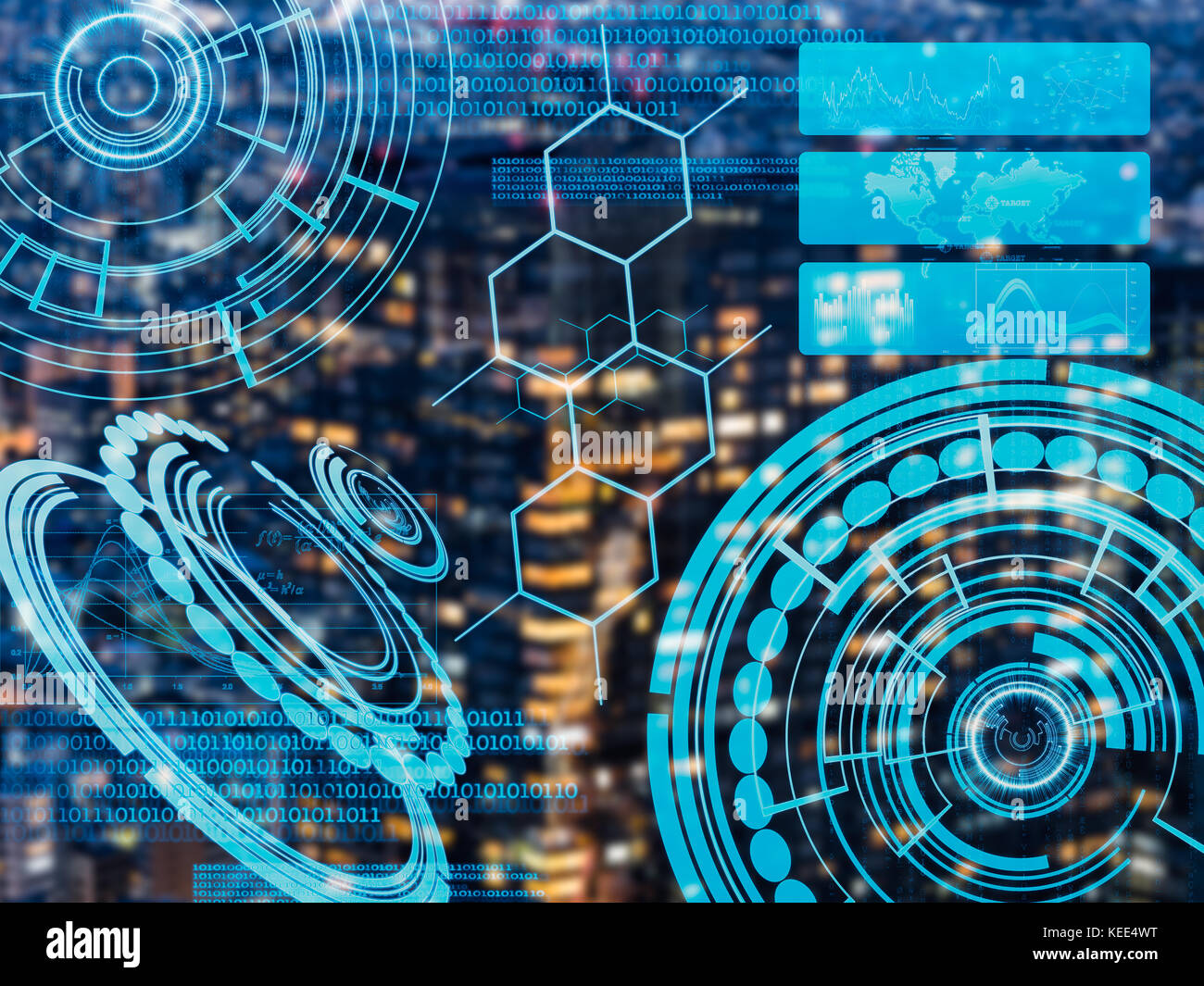 Cyber hud als elektronische und futuristischen Touch interface Laserlicht auf Stadt Hintergrund verwendet Stockfoto