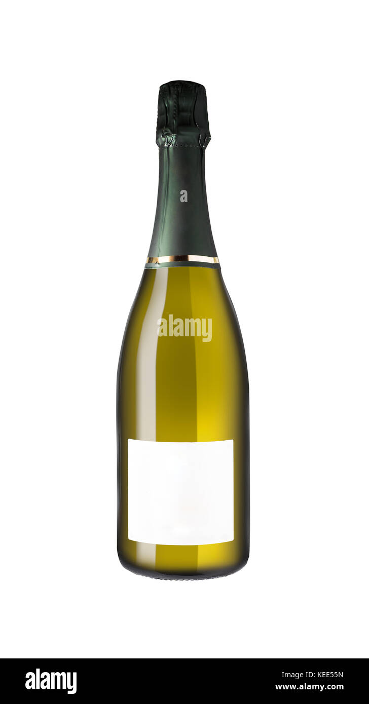 Champagner Flasche auf weißem Hintergrund und leeres Etikett isoliert Stockfoto