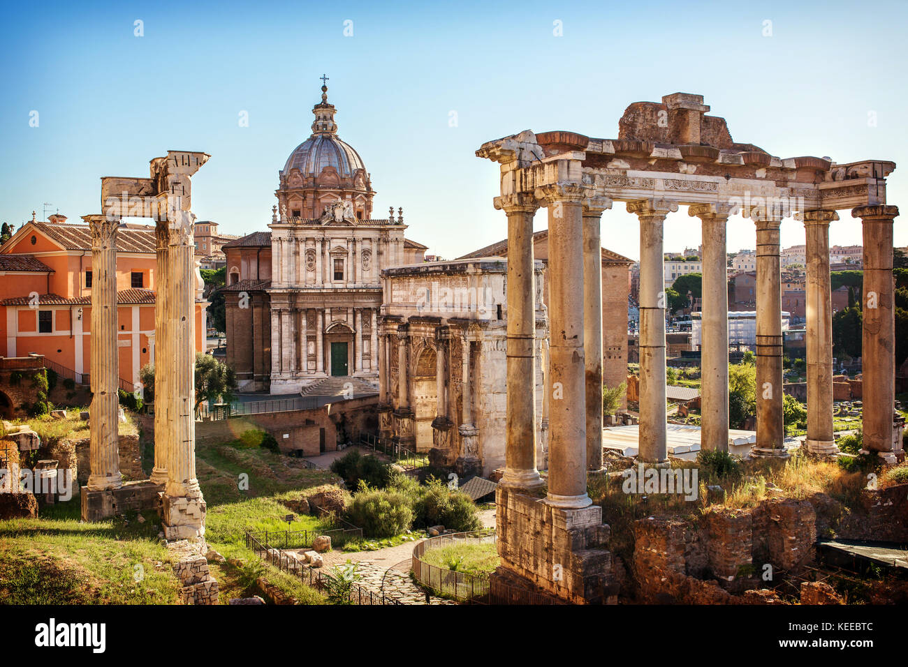 Forum Romanum Blick aus dem Kapitol in Italien, in Rom. Stockfoto