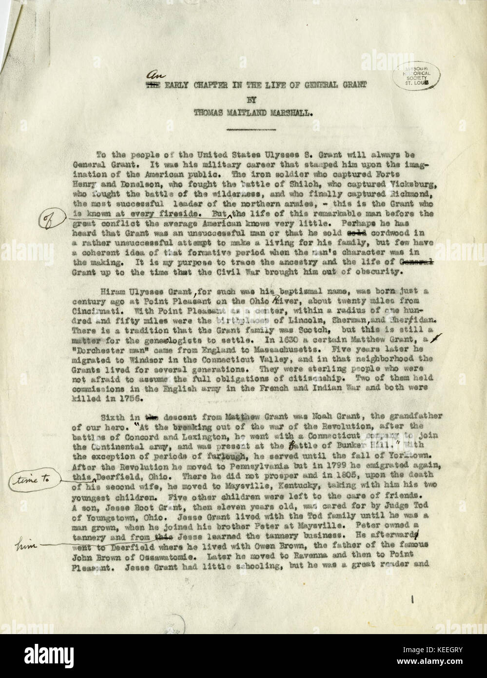 Transkription der Adresse mit dem Titel einer frühen Kapitel im Leben von General Grant von Thomas Maitland Marschall, Leiter der Washington Universität Abteilung für Geschichte, zum Missouri Historical Society, 27. April 1922 Stockfoto