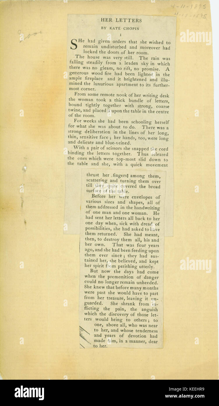 Gedruckte kurze Geschichte, ihre Briefe, von Kate Chopin fromVogue Magazin, 11. April 1895 Stockfoto
