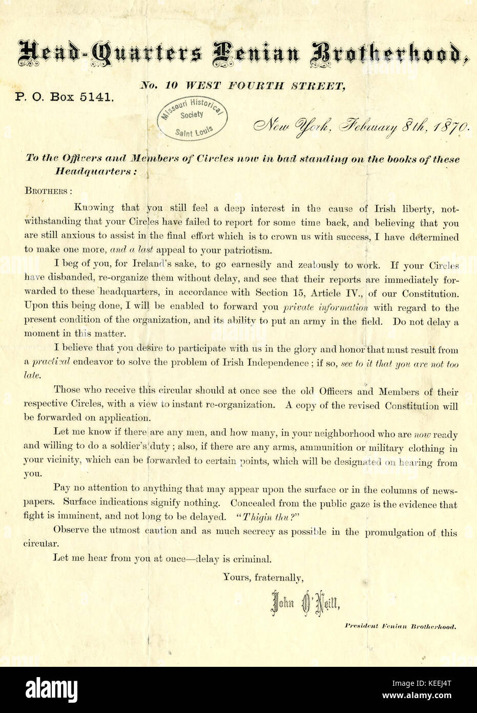 Rundbrief von John O'Neill, der Offiziere und Mitglieder der Kreise jetzt in Bad stehend auf die Bücher dieser Sitz, Hauptverwaltung, Fenian Brotherhood, New York, 8. Februar 1870 Stockfoto