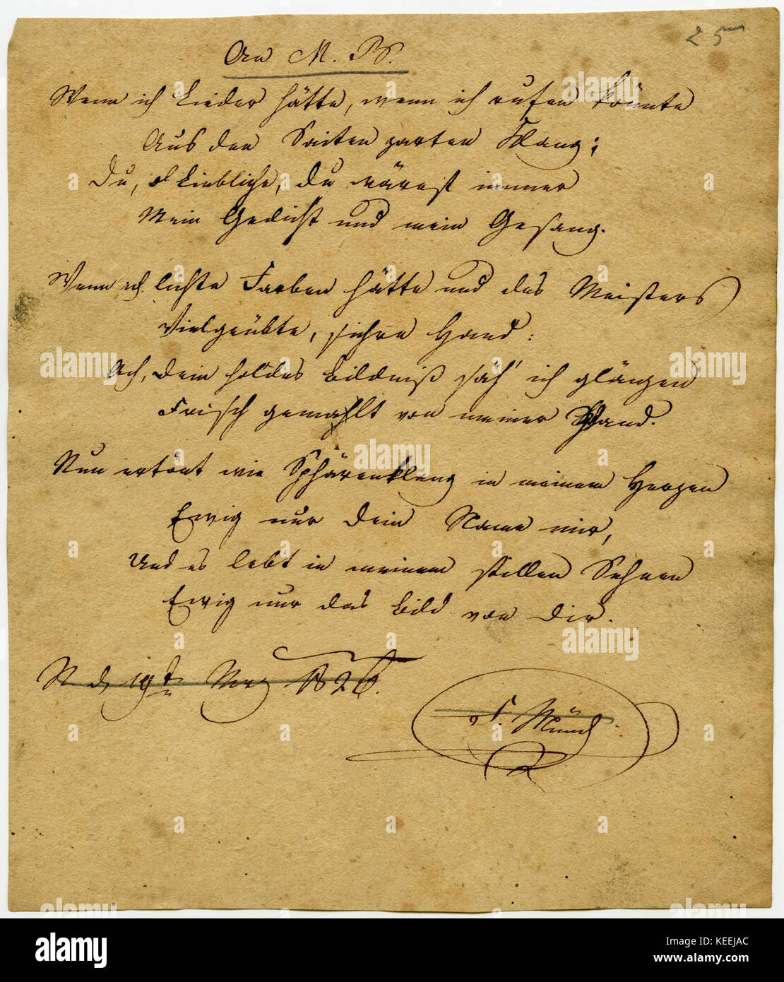 Gedicht von Friedrich Muench betitelt ein M.B. (Marianne Borberg), 19. März 1826 Stockfoto
