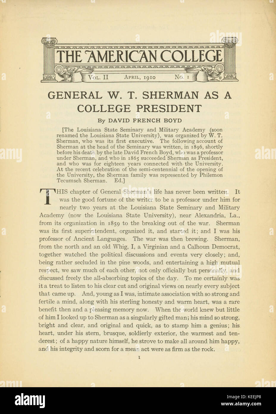 Artikel betitelt Allgemeine W.T. Sherman als Kollegium als Präsident von David Französisch Boyd, veröffentlicht byUniversity Bulletin, Louisiana State University, Oktober 1910 Stockfoto