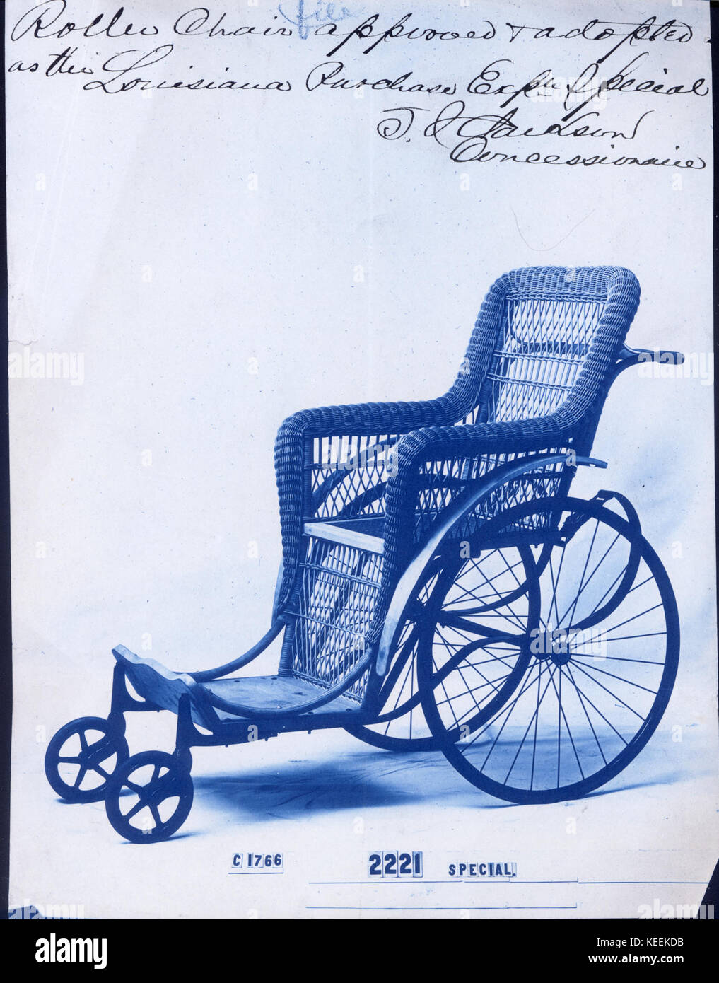 Der Rollstuhl, der auf der Weltausstellung 1904 vorgestellt wurde, wurde offiziell als Louisiana Purchase Exposition Special genehmigt, das den Besuchern während der Veranstaltung angeboten wurde. Stockfoto